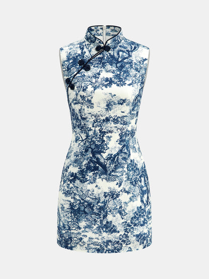 Toile Print Frog Button Sleeveless Mini Dress