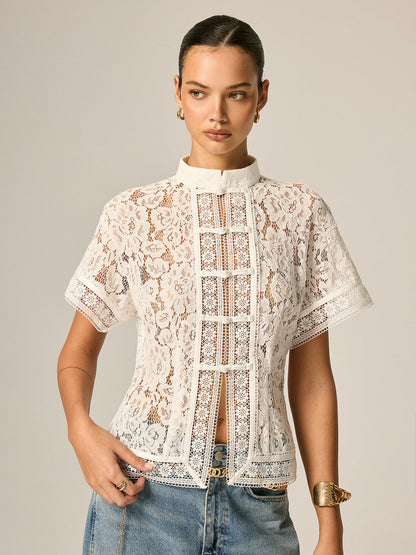 Frog Button Lace Short Sleeve Blouse