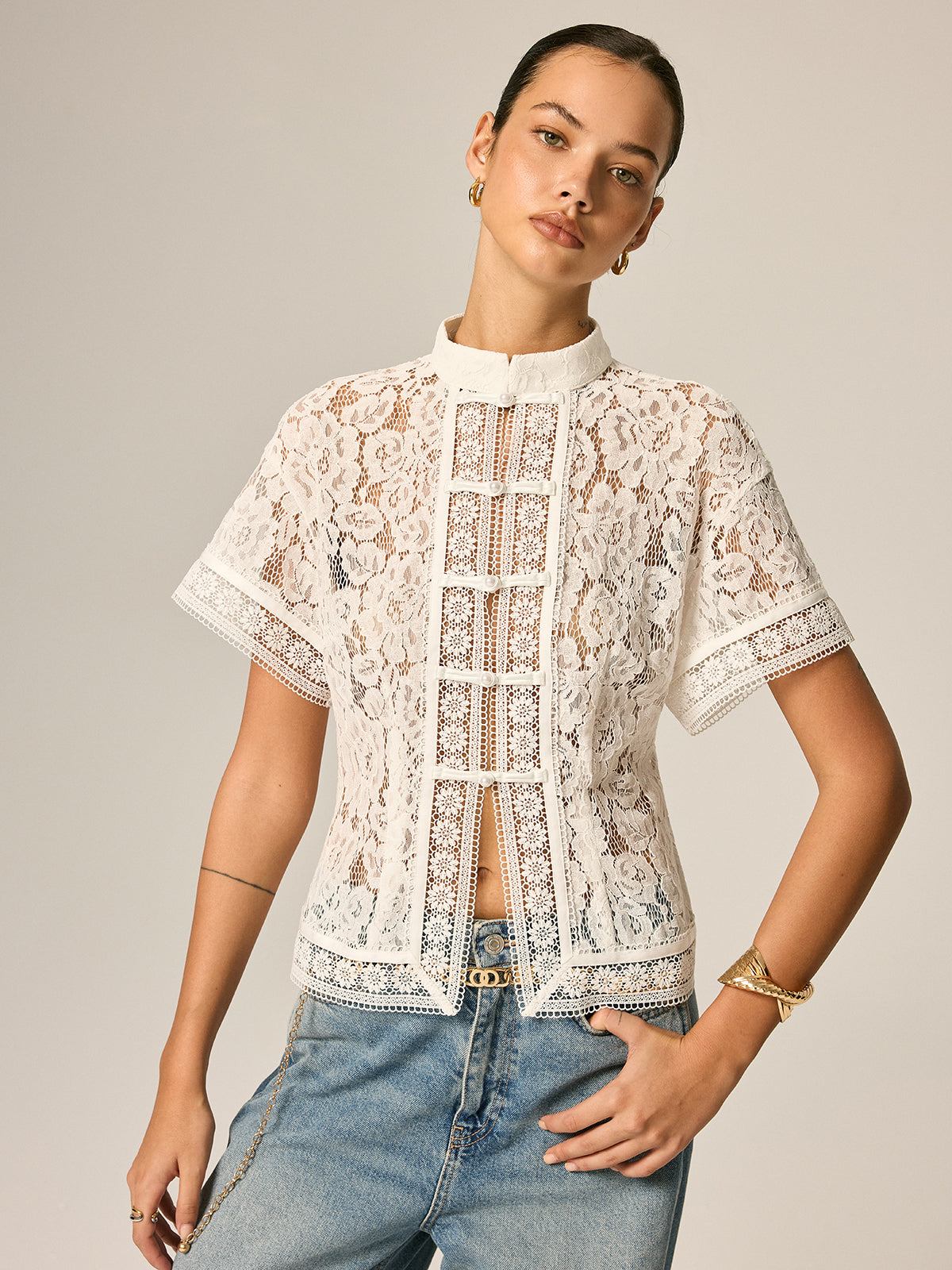 Frog Button Lace Short Sleeve Blouse