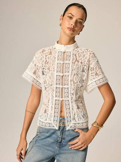 Frog Button Lace Short Sleeve Blouse