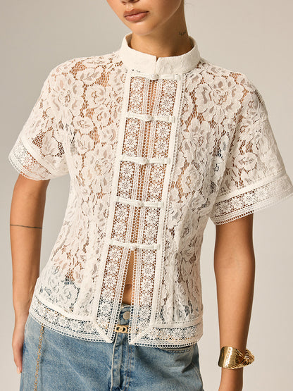 Frog Button Lace Short Sleeve Blouse