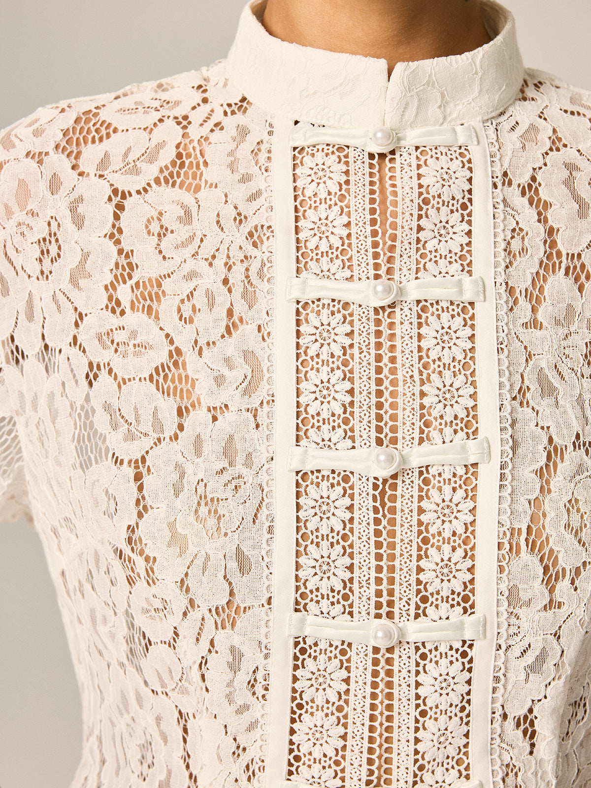 Frog Button Lace Short Sleeve Blouse