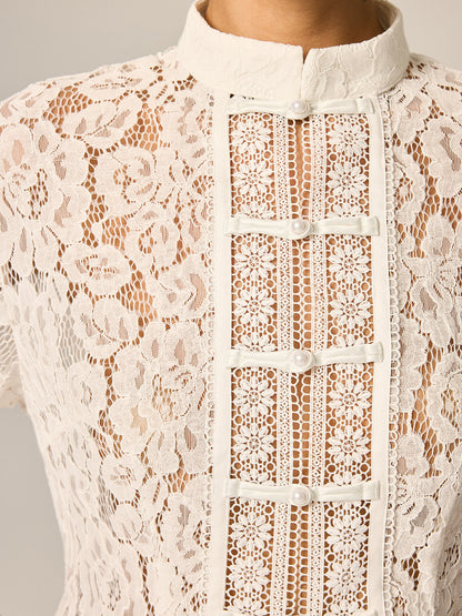 Frog Button Lace Short Sleeve Blouse