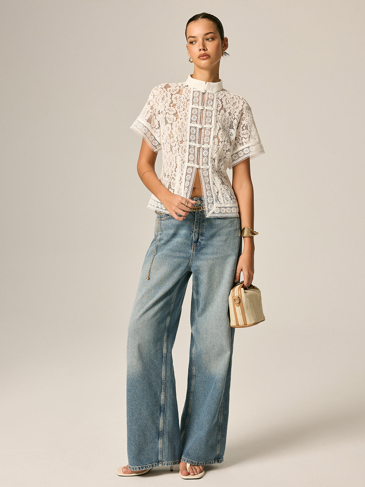 Frog Button Lace Short Sleeve Blouse