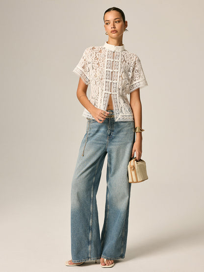 Frog Button Lace Short Sleeve Blouse