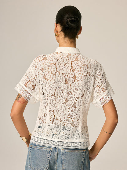 Frog Button Lace Short Sleeve Blouse