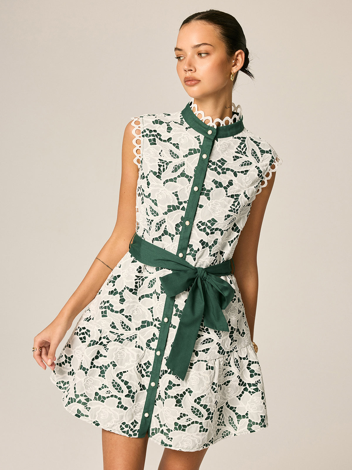 Lace Stand Collar Belted Sleeveless Mini Dress