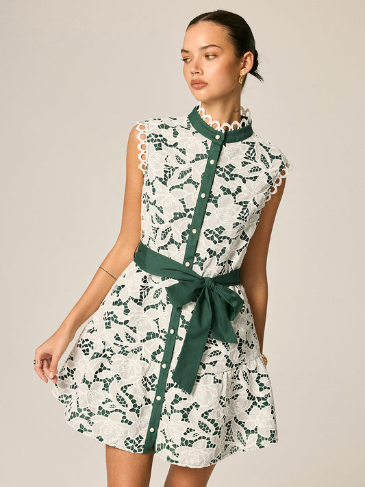 Lace Stand Collar Belted Sleeveless Mini Dress