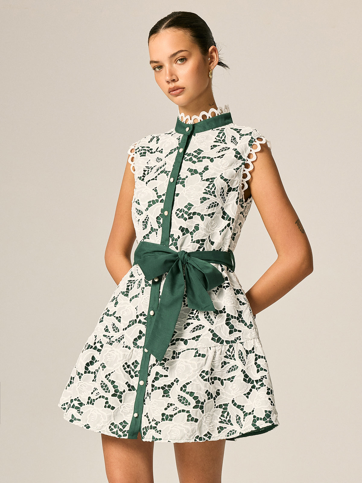 Lace Stand Collar Belted Sleeveless Mini Dress