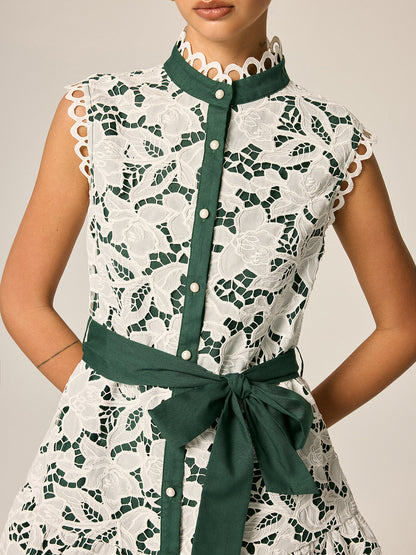 Lace Stand Collar Belted Sleeveless Mini Dress