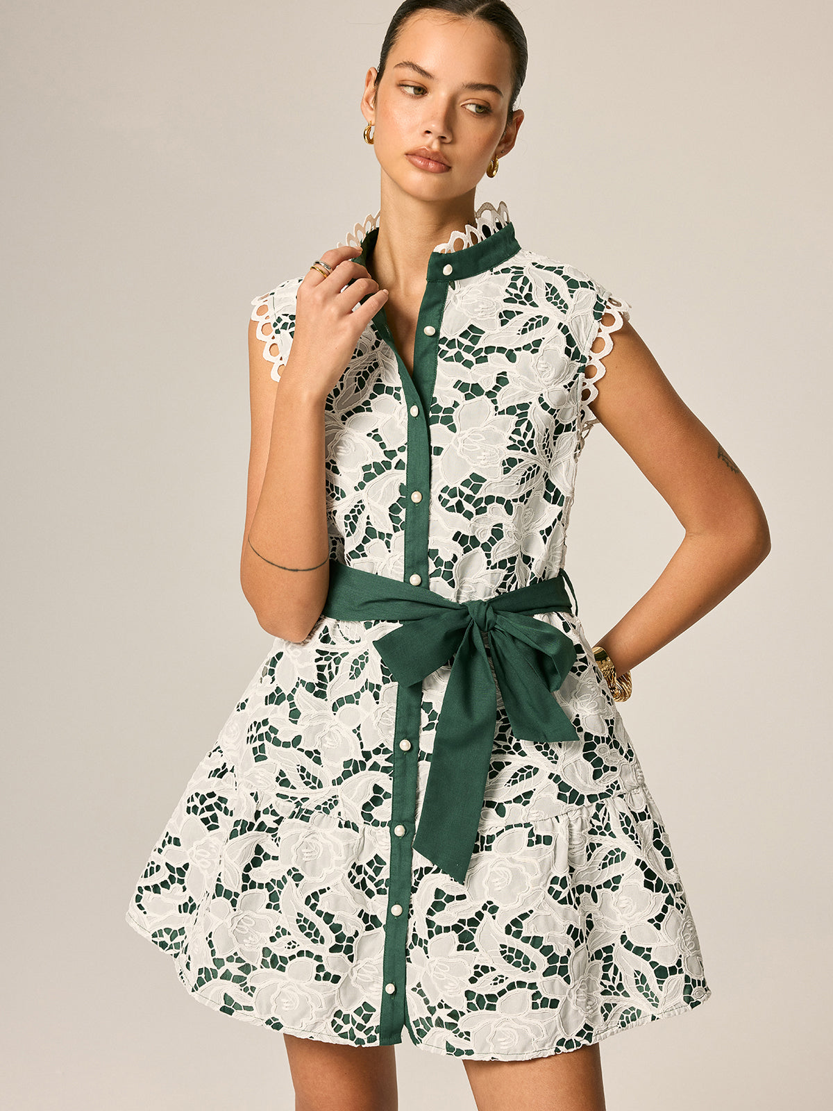 Lace Stand Collar Belted Sleeveless Mini Dress