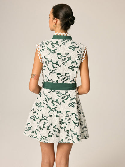 Lace Stand Collar Belted Sleeveless Mini Dress