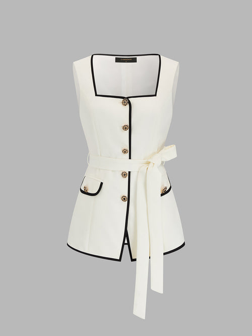Square Neck Belted Contrast Trim Vest