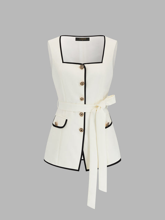 Square Neck Belted Contrast Trim Vest