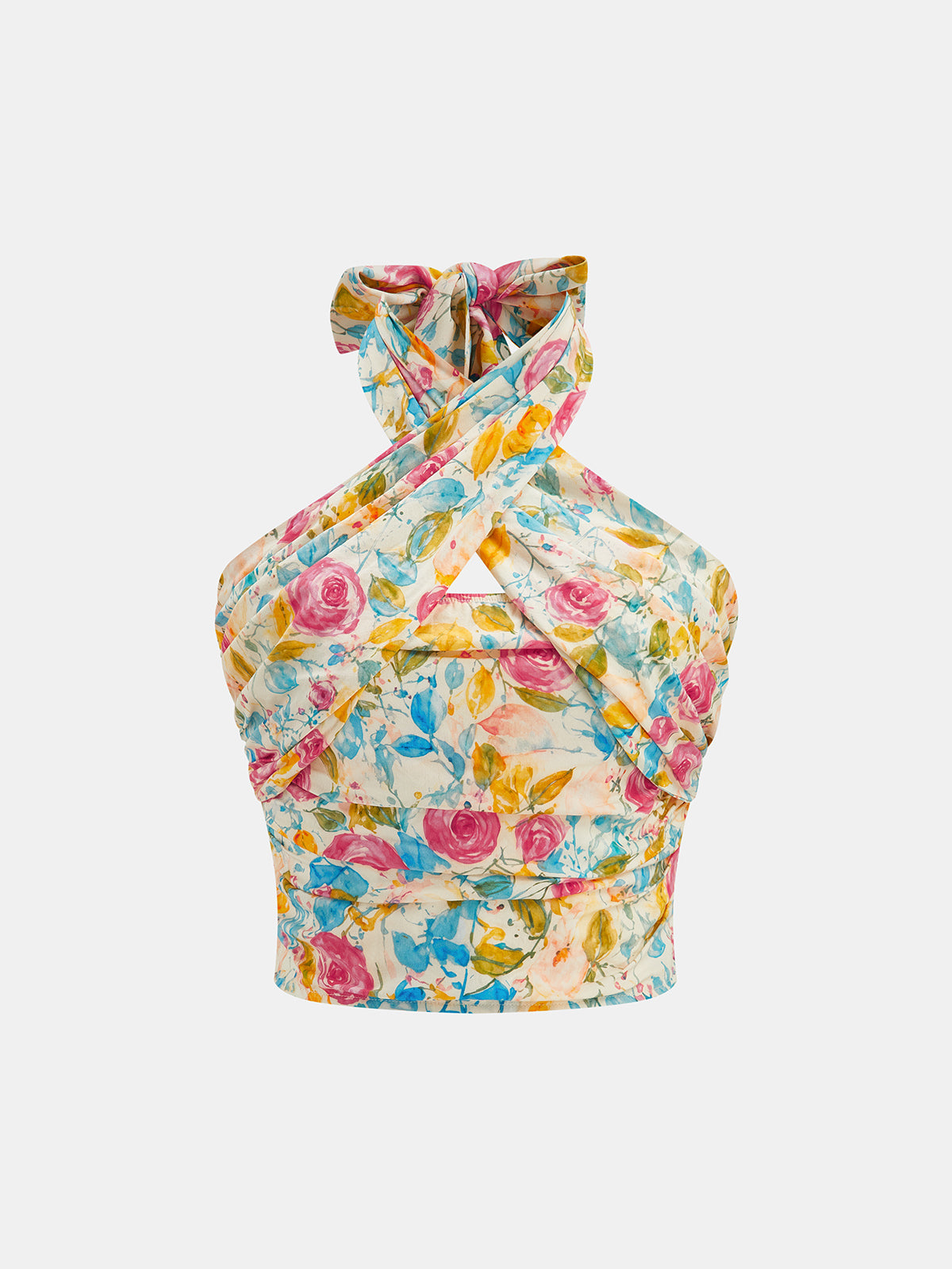Crisscross Halter Floral Ruched Crop Top