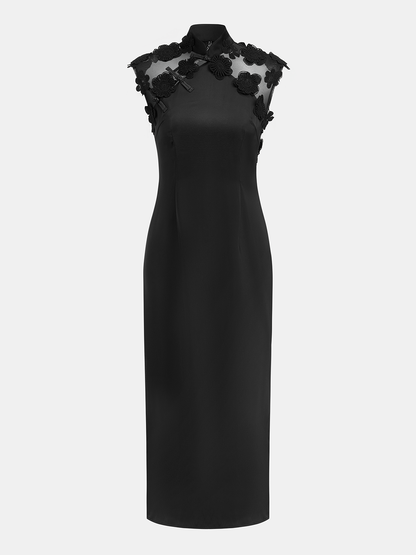 Floral Appliqué Sheer Back Mandarin Collar Maxi Dress