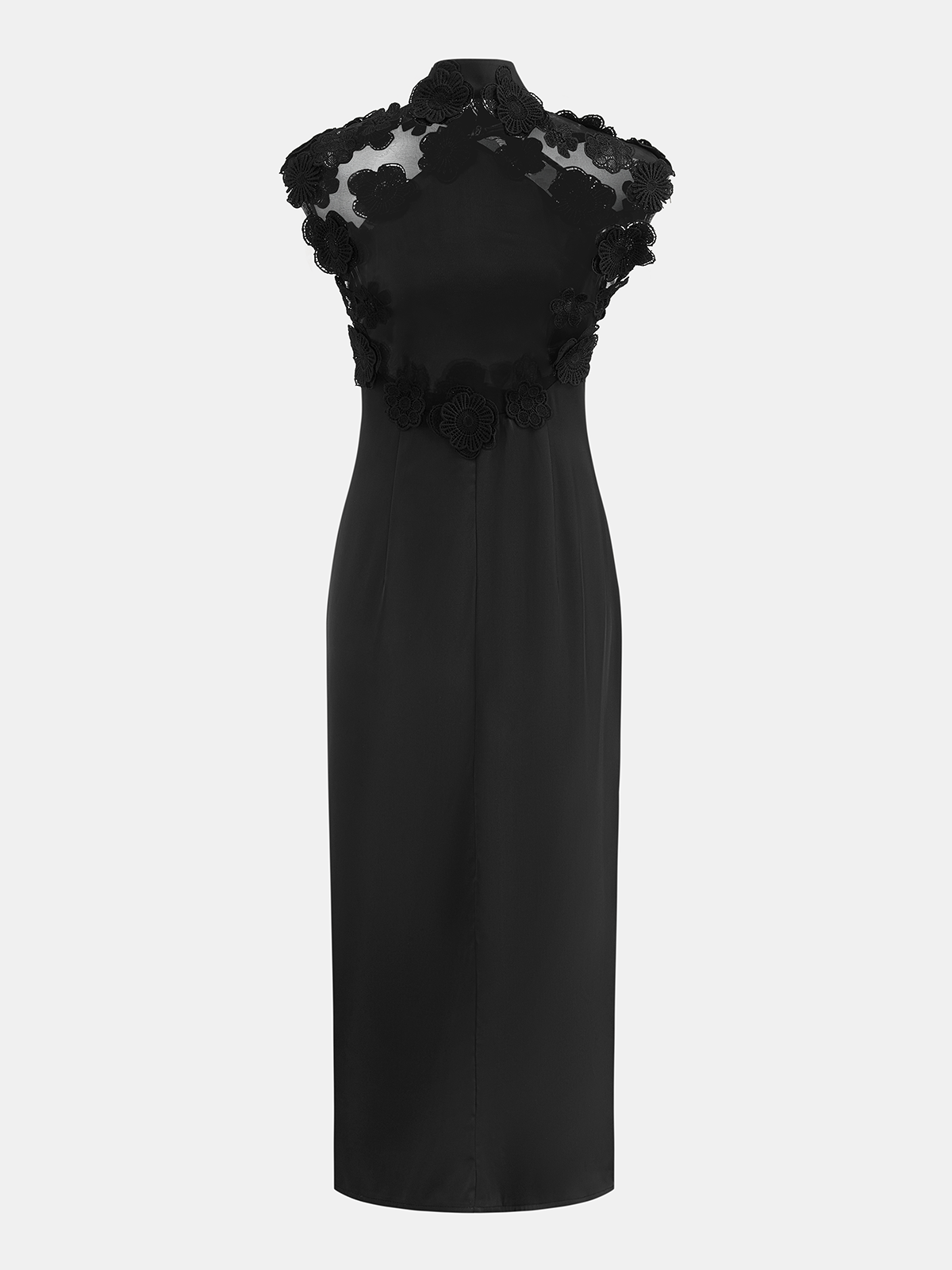 Floral Appliqué Sheer Back Mandarin Collar Maxi Dress