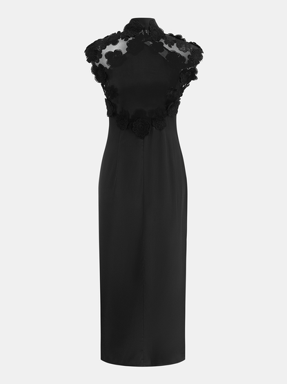 Floral Appliqué Sheer Back Mandarin Collar Maxi Dress