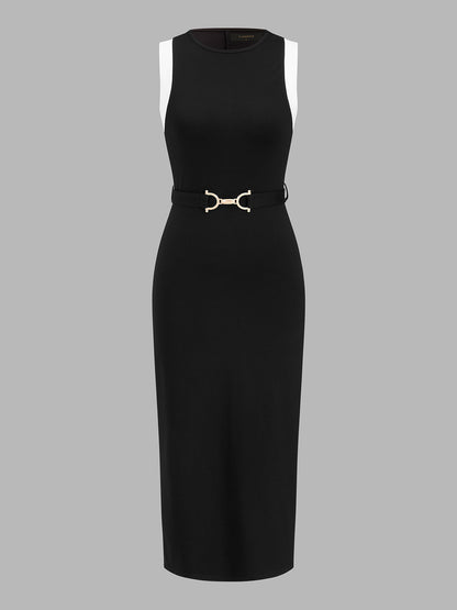 Color Block Belted Sleeveless Midi Dress