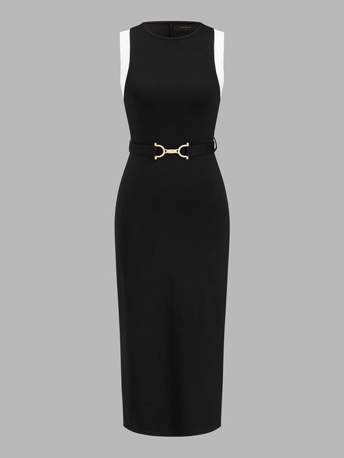 Color Block Belted Sleeveless Midi Dress