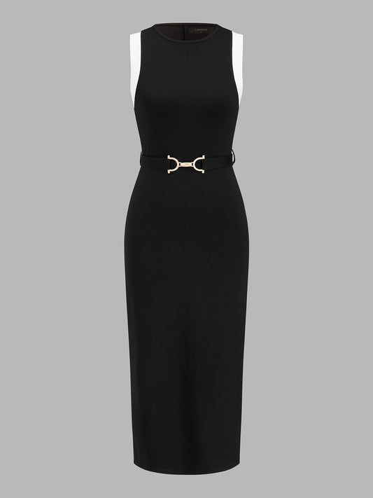 Color Block Belted Sleeveless Midi Dress