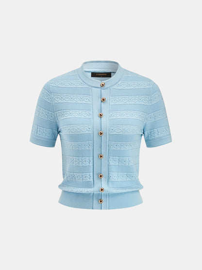 Hollow Textured Metal Button Knit Top