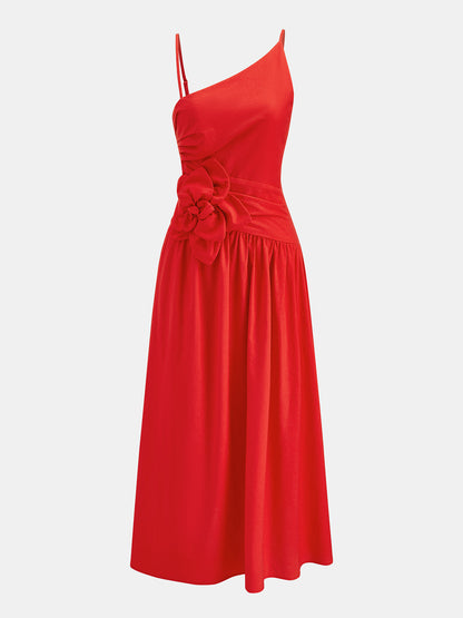 Floral Appliqué One-Shoulder Midi Dress