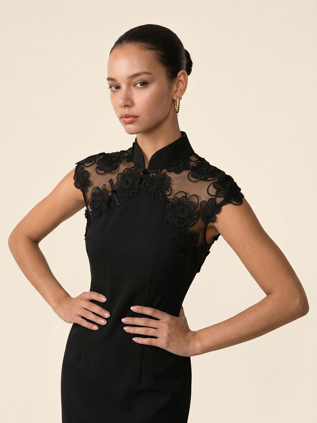 Floral Appliqué Sheer Back Mandarin Collar Maxi Dress