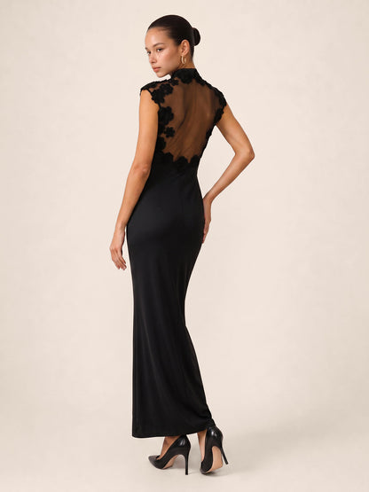 Floral Appliqué Sheer Back Mandarin Collar Maxi Dress