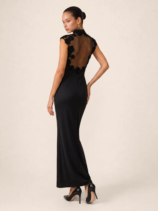 Floral Appliqué Sheer Back Mandarin Collar Maxi Dress