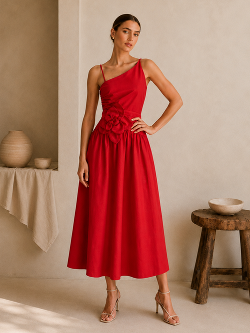 Floral Appliqué One-Shoulder Midi Dress