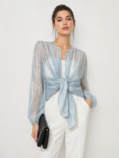 Semi-Sheer Through Long Sleeve Button Blouse
