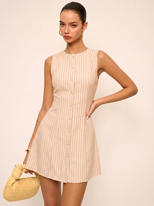 Lace-Up Back Striped Button Front Mini Dress
