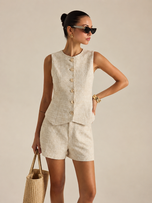 Tweed Buttoned Vest & Mini Shorts Set
