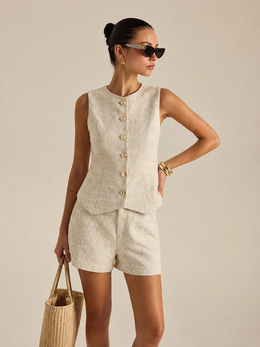 Tweed Buttoned Vest & Mini Shorts Set