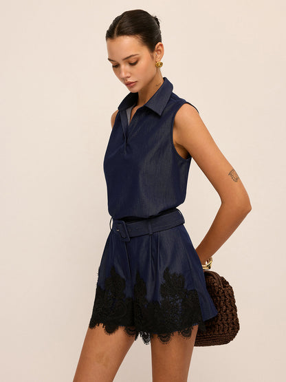 Sleeveless Polo Top & Lace-Hem Shorts Set