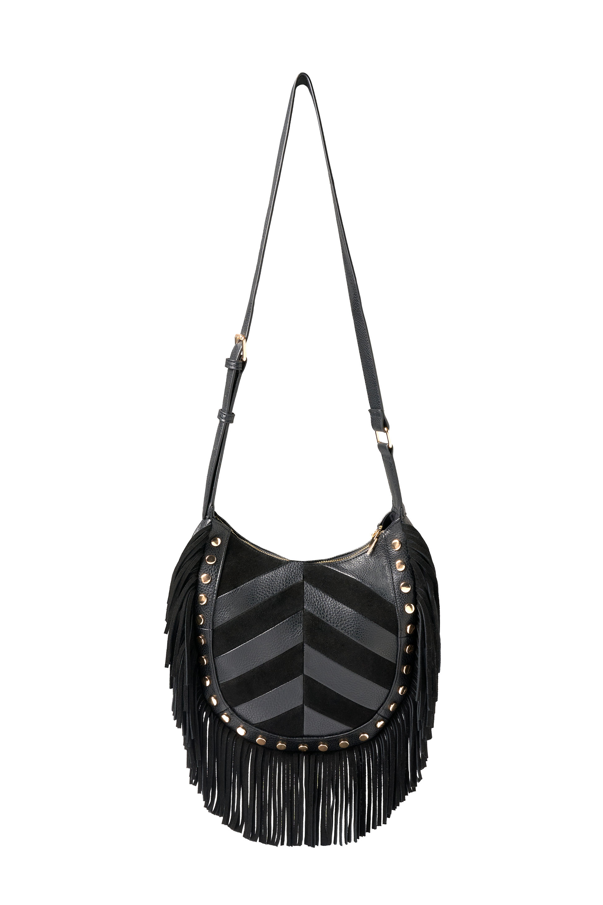 Black Fringed Patchwork Suede Cross Body Bag