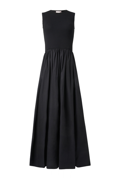 Black Jersey Woven Mix Midi Dress