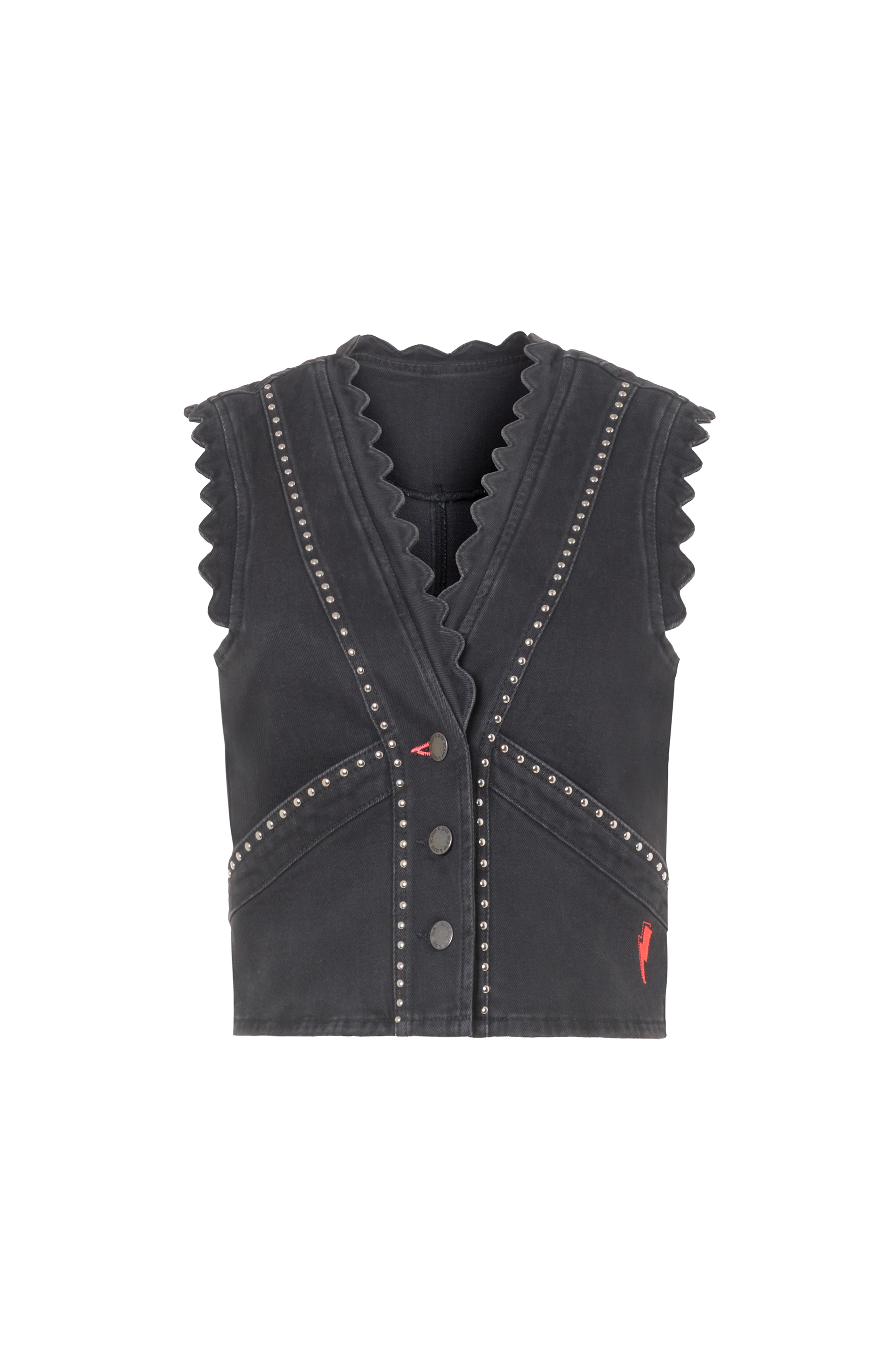 Washed Black Studded Denim Scallop Waistcoat