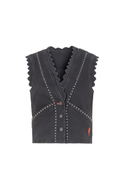 Washed Black Studded Denim Scallop Waistcoat