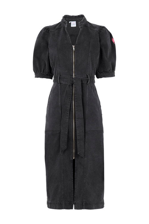 Washed Black Zip Detail Denim Dress