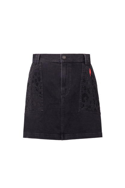 Washed Black Embellished Leopard Patch Pocket Denim Mini Skirt
