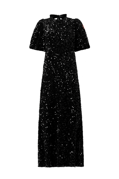 Black Sequin Tie Back Puff Sleeve Velvet Midi Dress