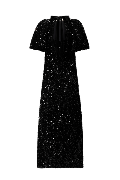 Black Sequin Tie Back Puff Sleeve Velvet Midi Dress