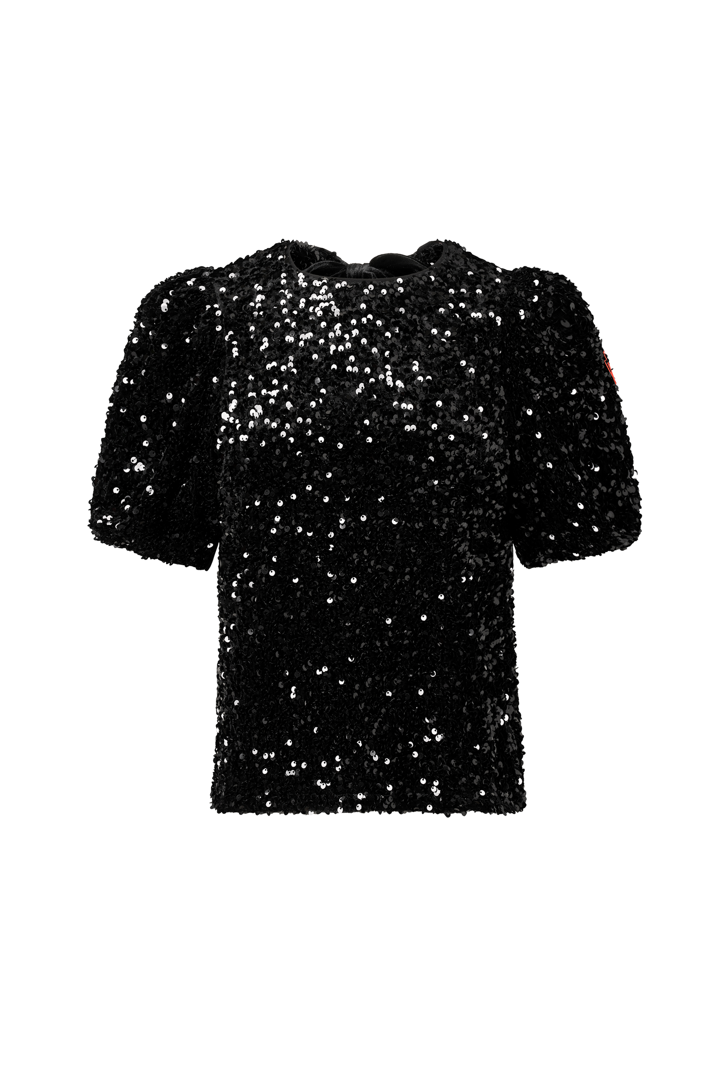 Black Sequin Tie Back Puff Sleeve Velvet Blouse