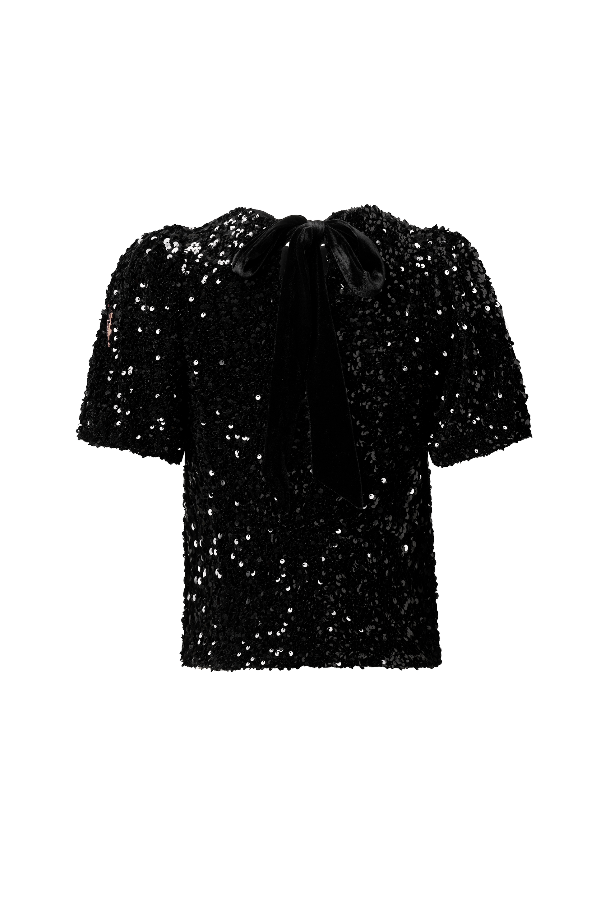 Black Sequin Tie Back Puff Sleeve Velvet Blouse