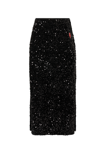 Black Sequin Velvet Midi Skirt