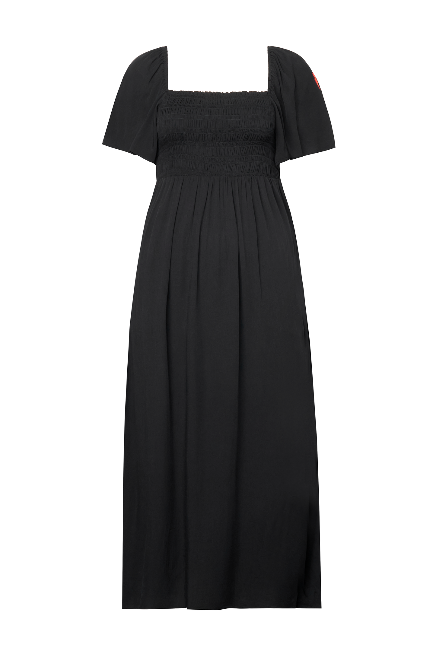 Black Shirred Square Neck Midi Dress