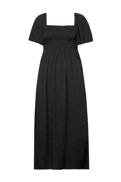 Black Shirred Square Neck Midi Dress