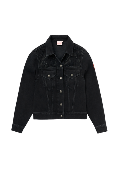 Washed Black Embellished Leopard Denim Jacket